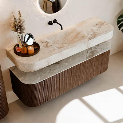 MONDIAZ THOR-DLUX 150cm badmeubel ronding links + rechts kleur Walnut met 1 lade en 2 deuren. Vrijhangende wastafel CLOUD Midden zonder kraangat kleur Frappe.
