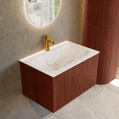 Mondiaz KURVE-DLUX Ensemble meuble de salle de bains - 70x46x40cm - 1 tiroir - lavabo solid surface - centre - 1 trou de robinet - Ruby