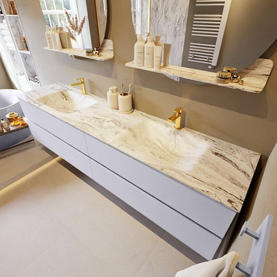 MONDIAZ VICA-DLUX Ensemble meuble de salle de bains - 200cm - meuble bas cale - 4 tiroirs - lavabo encastré cloud double - 2 trous de robinet - version haute 60cm - glace
