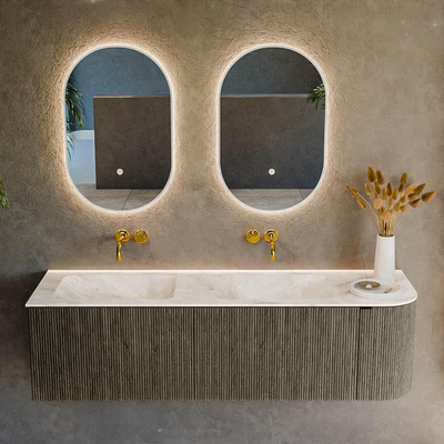 Mondiaz KURVE-DLUX Ensemble de meuble de salle de bains - 155x46x40cm - 2 tiroirs - 1 porte - vasque solid surface - double / gauche - sans trou de robinet - Shadow