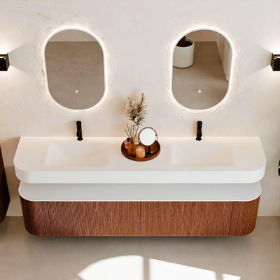 MONDIAZ THOR 200cm meuble de salle de bains arrondi gauche + droite couleur Ruby avec 2 tiroirs et 2 portes. Vasque suspendue CLOUD Double 2 trous de robinet couleur Talc.