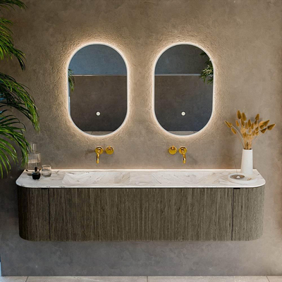 Mondiaz KURVE-DLUX Badkamermeubelset - 180x46x40cm - 2 lade - 2 deuren - wastafel solid surface - dubbel - zonder kraangat - Shadow