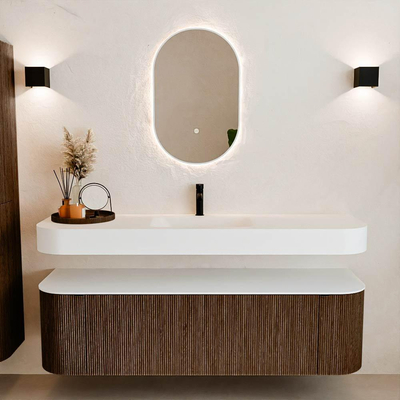 MONDIAZ THOR 160cm meuble de salle de bains arrondi gauche + droite couleur Walnut avec 1 tiroir et 2 portes. Vasque suspendue CLOUD Milieu 1 trou de robinet couleur Talc.