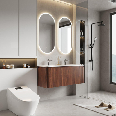 Saniclass Terra Ensemble meuble de salle de bain - 120x42x45,5 cm - lavabo en surface solide blanc mat - 2 vasques - 2 trous de robinet - 2 tiroirs - Châtaignier (noyer)