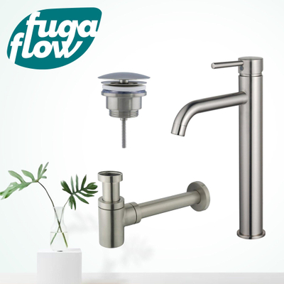 FugaFlow Eccelente Sobrado Badkamer Wastafelkraanset - verhoogde wastafelkraan - always open plug - verlaagde design sifon - PVD Geborsteld RVS