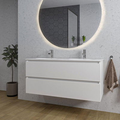 Saniclass Chaci Meuble de salle de bain - 120x46x55cm - lavabo en céramique blanc - 2 vasques ovales - 2 trous de robinet - 2 tiroirs - ronde miroir avec éclairage - blanc mat