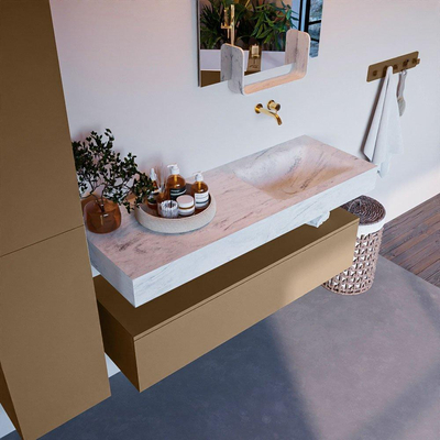 Mondiaz ALAN-DLUX Ensemble de meuble - 130cm - meuble Oro mat - 1 tiroir - Lavabo Cloud Opalo suspendu - vasque Droite - 0 trous de robinet