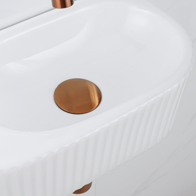 QeramiQ Fuente Ensemble de Lavabo - 40x21.5x12cm - strié - demi-rond - céramique - ensemble de robinet en cuivre brossé - bouchon de vidange - siphon réduit - blanc brillant