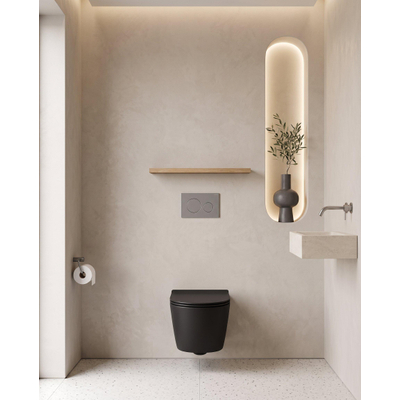 QeramiQ Dely Toiletset - 36.3x51.7cm - diepspoel - rimless - Geberit UP320 inbouwreservoir - softclose toilet zitting - 35mm - bedieningsplaat licht grijs - ronde knoppen - mat zwart