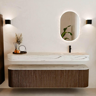 MONDIAZ THOR-DLUX 180cm meuble de salle de bains arrondi gauche + droite couleur Walnut avec 2 tiroirs et 2 portes. Vasque suspendue CLOUD droite 1 trou de robinet couleur Nata.