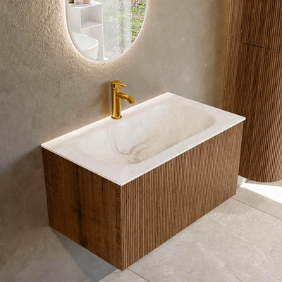 MONDIAZ KURVE-DLUX 80cm Meuble salle de bain - couleur Walnut - 1 tiroir - vasque BIG SMALL centre - 1 trou de robinet - couleur Frappe