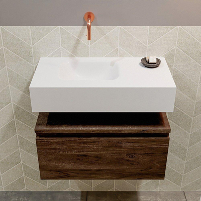 MONDIAZ ANDOR Meuble WC - 60x30x30cm - 0 trous de robinet - 1 tiroir - brun foncé mat - vasque à gauche - Solid surface - Blanc