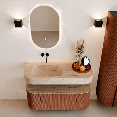 MONDIAZ THOR-DLUX Meuble de salle de bains - 110cm - arrondi gauche + droite - couleur Ruby - 1 tiroir - 2 portes - Vasque suspendue CLOUD Gauche sans trou de robinet - couleur Saba