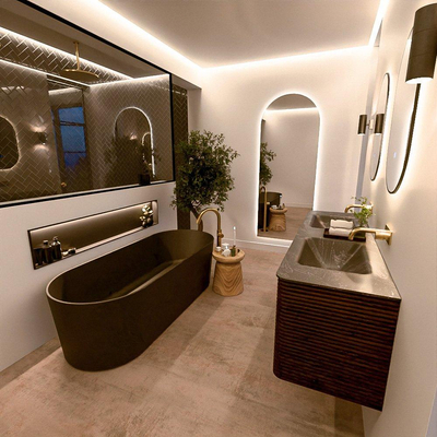 Mondiaz CIRO-DLUX Meuble de salle de bains - 160x45x50cm - Plan-vasque solid surface Lava - 2 vasques double - sans trous de robinetterie - 4 tiroirs - Noyer