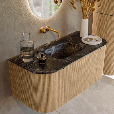 MONDIAZ KURVE-DLUX 100cm badmeubel met module 25 Len R kleur Oak met 1 lade en 2 deuren. Wastafel GRUNNE midden zonder kraangat kleur Lava.