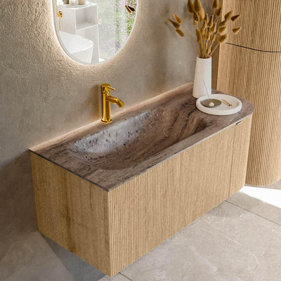 MONDIAZ KURVE-DLUX 105cm badmeubel ronding Rechts kleur Oak met 1 lade en 1 deur. Wastafel BIG SMALL Links 1 kraangat Oza.