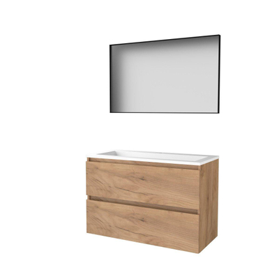 Basic-Line ensemble de meubles de salle de bain 100x46cm sans poignée 2 tiroirs vasque acrylique 1 trou de robinetterie miroir cadre aluminium noir mat tout autour mfc whisky oak