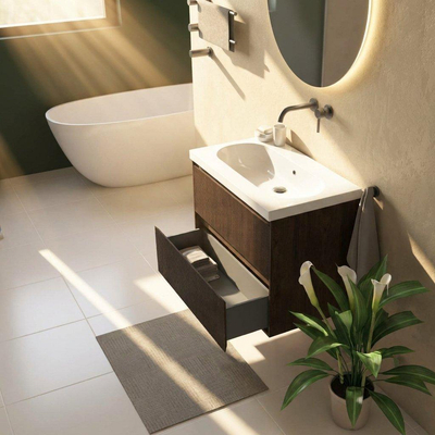 Saniclass Holz Atelier Ensemble de meubles de salle de bains - 80x45x63.5cm - lavabo en céramique Palermo blanc - 1 vasque - sans trou de robinetterie - 2 tiroirs - chêne charcoal mat (bois)