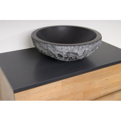 BRAUER Hamerslag Waskom opbouw - 42x42x15cm - zonder overloop - rond - natuursteen basalt