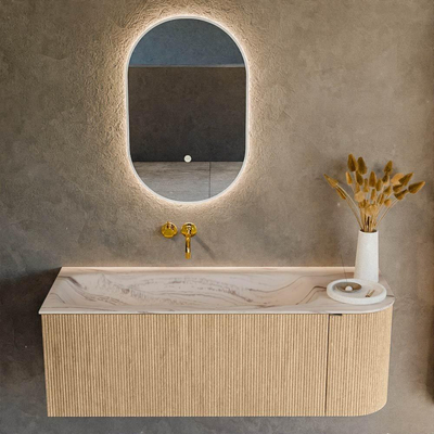 MONDIAZ KURVE-DLUX Meuble de salle de bains 125cm courbe droite couleur chêne avec 1 tiroir et 1 porte. Lavabo BIG MEDIUM gauche sans trou de robinet Nata.