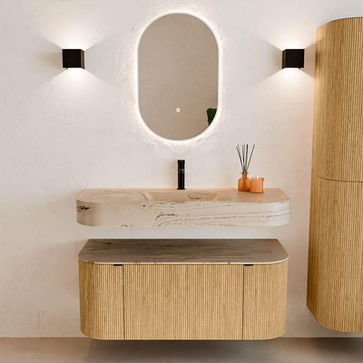 MONDIAZ THOR-DLUX 110cm meuble de salle de bains arrondi gauche + droite couleur Oak avec 1 tiroir et 2 portes. Vasque suspendue CLOUD Milieu 1 trou de robinet couleur Arena.