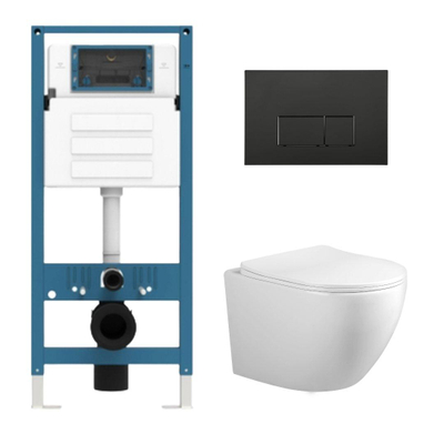 Adema Salina 2.0 Ensemble WC - 48.5x36x32cm - cuvette profonde - sans bride - réservoir encastré QeramiQ - softclose - quickrelease - abattant WC - plaque de commande en plastique noir mat - boutons rectangulaires - blanc