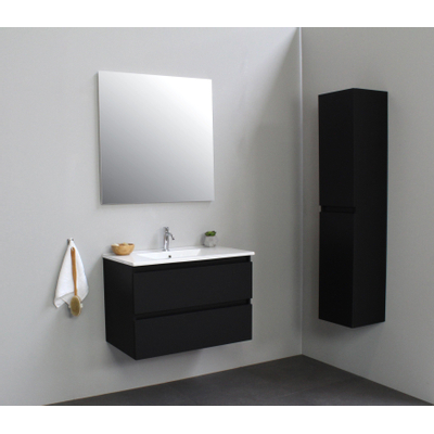 Basic Bella Meuble salle de bains avec lavabo céramique Blanc avec miroir 80x55x46cm 1 trou de robinet Noir mat