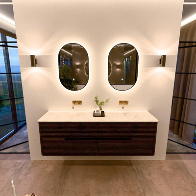 Mondiaz CIRO-DLUX Meuble de salle de bains - 160x45x50cm - Plan vasque Solid surface Ostra - 2 vasques Double - sans trous de robinetterie - 4 tiroirs - Noyer