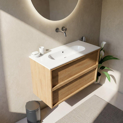 Saniclass Holz Frame Ensemble meuble de salle de bains - 100x45x73.9cm - lavabo Chaci en céramique blanc - 1 vasque - sans trou de robinetterie - 2 tiroirs - chêne natural mat (bois)
