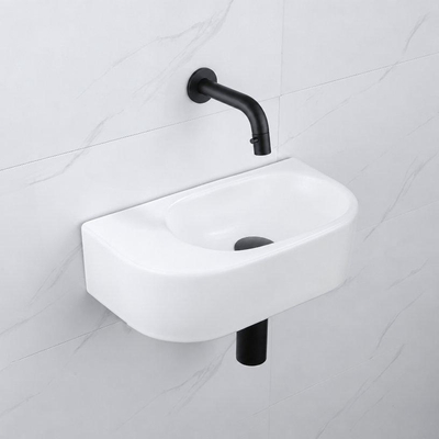 QeramiQ Fuente fonteinset – halfrond – 40x21.5x12 cm – keramiek wit mat – zonder kraangat – mat zwarte kraan