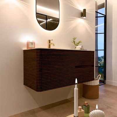 Mondiaz CIRO-DLUX Meuble de salle de bains - 110x45x50cm - Vasque en solid surface Ostra - 1 bassin à gauche - 1 trou de robinet - 2 tiroirs - Noyer