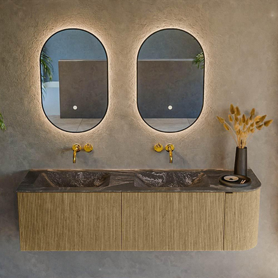 Mondiaz KURVE-DLUX Ensemble de meuble de salle de bains - 155x46x40cm - 2 tiroir - 1 porte - lavabo solid surface - double / gauche - sans trou de robinet - Dusk