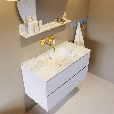 Mondiaz VICA-DLUX ensemble de meuble de salle de bain - 90cm - meuble sous-vasque cale - 2 tiroirs - lavabo encastré cloud milieu - sans trous de robinet - version haute de 60cm - glace