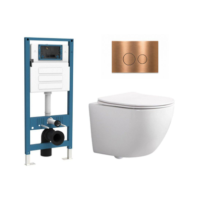 QeramiQ Dely Swirl Ensemble WC Compact - réservoir à encastrer QeramiQ flush - abattant fin - plaque de commande métallique cuivre - boutons ronds - blanc brillant