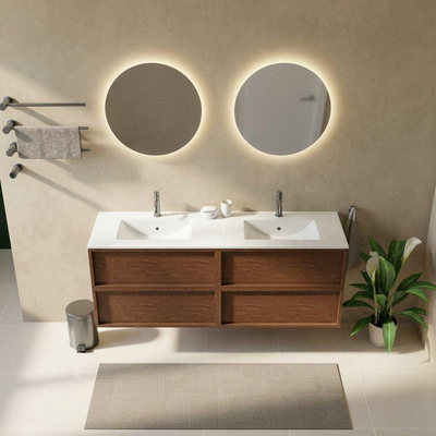 Saniclass Holz Frame Ensemble de meubles de salle de bains - 160x45x62cm - Lavabo en céramique Vygo blanc - 2 vasques - 2 trous de robinetterie - 4 tiroirs - mat walnut pure (bois)