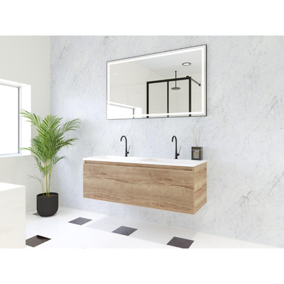 HR Matrix ensemble meuble de salle de bain 3d 120cm 1 tiroir sans poignée avec bandeau de poignée couleur chêne français avec vasque fine double 2 robinets blanc mat