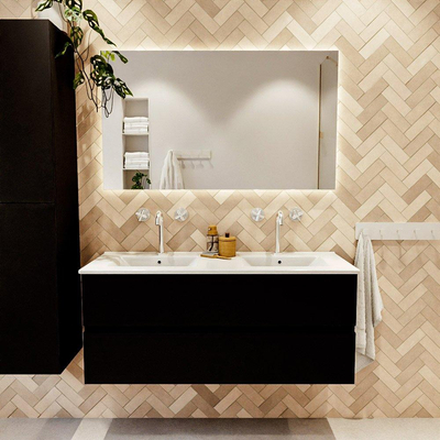 MONDIAZ VICA meuble sous lavabo 120cm Urban 2 tiroirs. Lavabo DENIA double 2 trous de robinet, couleur Blanc Brillant.