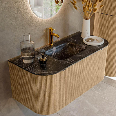 MONDIAZ KURVE-DLUX 100cm badmeubel met module 25 Len R kleur Oak met 1 lade en 2 deuren. Wastafel GRUNNE midden 1 kraangat kleur Lava.