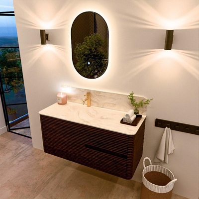 Mondiaz CIRO-DLUX Badkamermeubelset - 110x45x50cm - Solid surface wastafel Ostra - 1 wasbak Links - 1 kraangat - 2 lades - Walnut