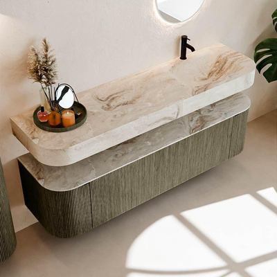 MONDIAZ THOR-DLUX 170cm meuble de salle de bains arrondi gauche + droite couleur Shadow avec 1 tiroir et 2 portes. Vasque suspendue CLOUD Droite 1 trou de robinet couleur Frappe.