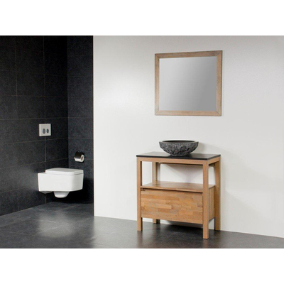 Saniclass Natural Wood Meuble salle de bain avec miroir 60cm Grey Oak avec vasque à poser en pierre naturelle