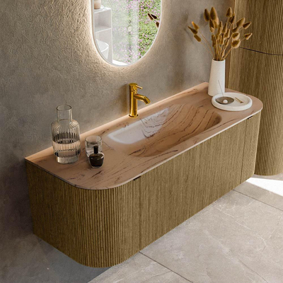 MONDIAZ KURVE-DLUX Meuble de salle de bains 130cm arrondi Gauche + Droite couleur Dusk avec 1 tiroir et 2 portes. Lavabo BIG SMALL Central 1 trou de robinet Arena.