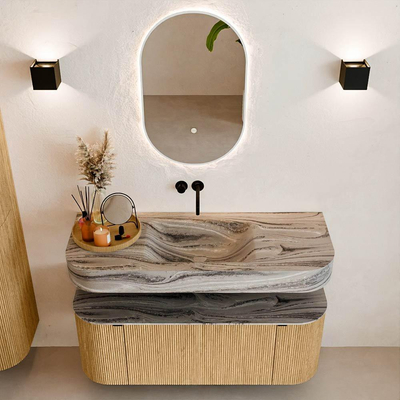 MONDIAZ THOR-DLUX 120cm badmeubel ronding links + rechts kleur Oak met 1 lade en 2 deuren. Vrijhangende wastafel CLOUD Midden zonder kraangat kleur Sombra.