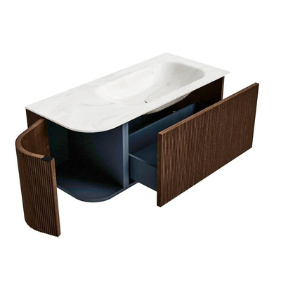 MONDIAZ KURVE-DLUX Meuble de salle de bains 105 cm avec module 25 L couleur Walnut avec 1 tiroir et 1 porte. Lavabo BIG SMALL à droite sans trou de robinet couleur Ostra.