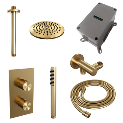 Brauer Gold Edition Ensemble de douche pluie encastré - douche principale 20cm - bras plafond 20cm - 2 fonctions - incluant partie encastrable - douchette à main 1 fonction - PVD - or brossé