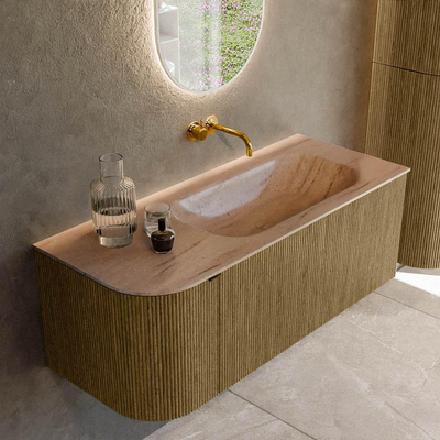 MONDIAZ KURVE-DLUX 115cm badmeubel ronding Links kleur Dusk met 1 lade en 1 deur. Wastafel BIG SMALL Rechts zonder kraangat Saba.