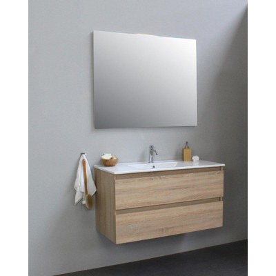 Basic Bella Meuble avec lavabo céramique avec 1 trou de robinet avec miroir 100x55x46cm Flat Pack Chêne