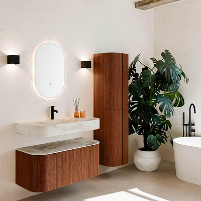 MONDIAZ THOR-DLUX 100cm badmeubel ronding links + rechts kleur Ruby met 1 lade en 2 deuren. Vrijhangende wastafel CLOUD Midden 1 kraangat kleur Frappe.