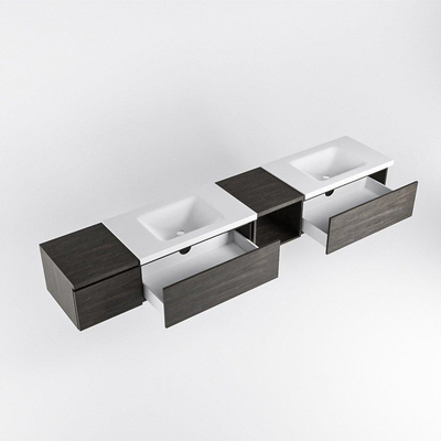 MONDIAZ BUKLA 240cm ensemble de meuble avec module ouvert 40 à droite couleur Marron Foncé avec 3 tiroirs. Lavabo CLOUD double 0 trou de robinet couleur Talc.