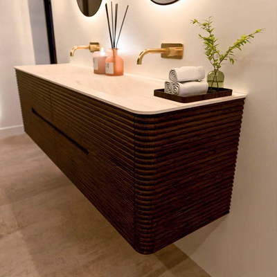 Mondiaz CIRO-DLUX Meuble de salle de bains - 170x45x50cm - Plan vasque solid surface Meli - 2 vasques Double - sans trous de robinetterie - 4 tiroirs - Noyer